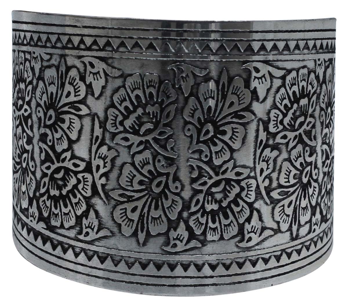 Wholesale Bracelets from India – Antique-Look Cuff Bracelet – Cast in Brass – Nickel Plated & Black Shading – Floral & Leafy Motifs – Bracelets in Bulk